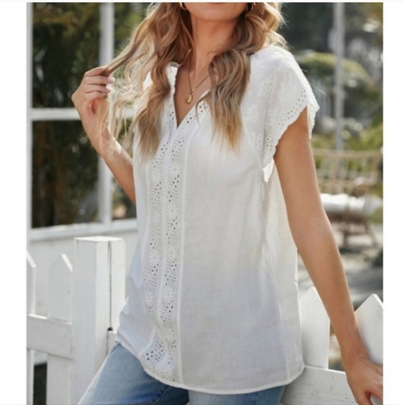 White Embroidered Eyelet Cap Sleeve Cotton Top - Picture 8 of 8